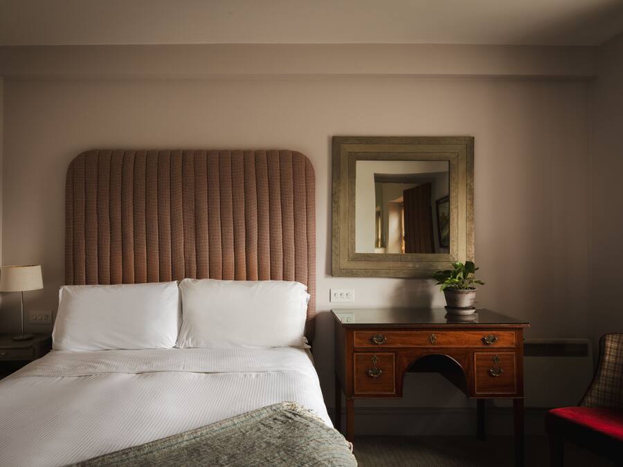 A hotel room with a bed, a nightstand, a dresser, a mirror, and a potted plant.