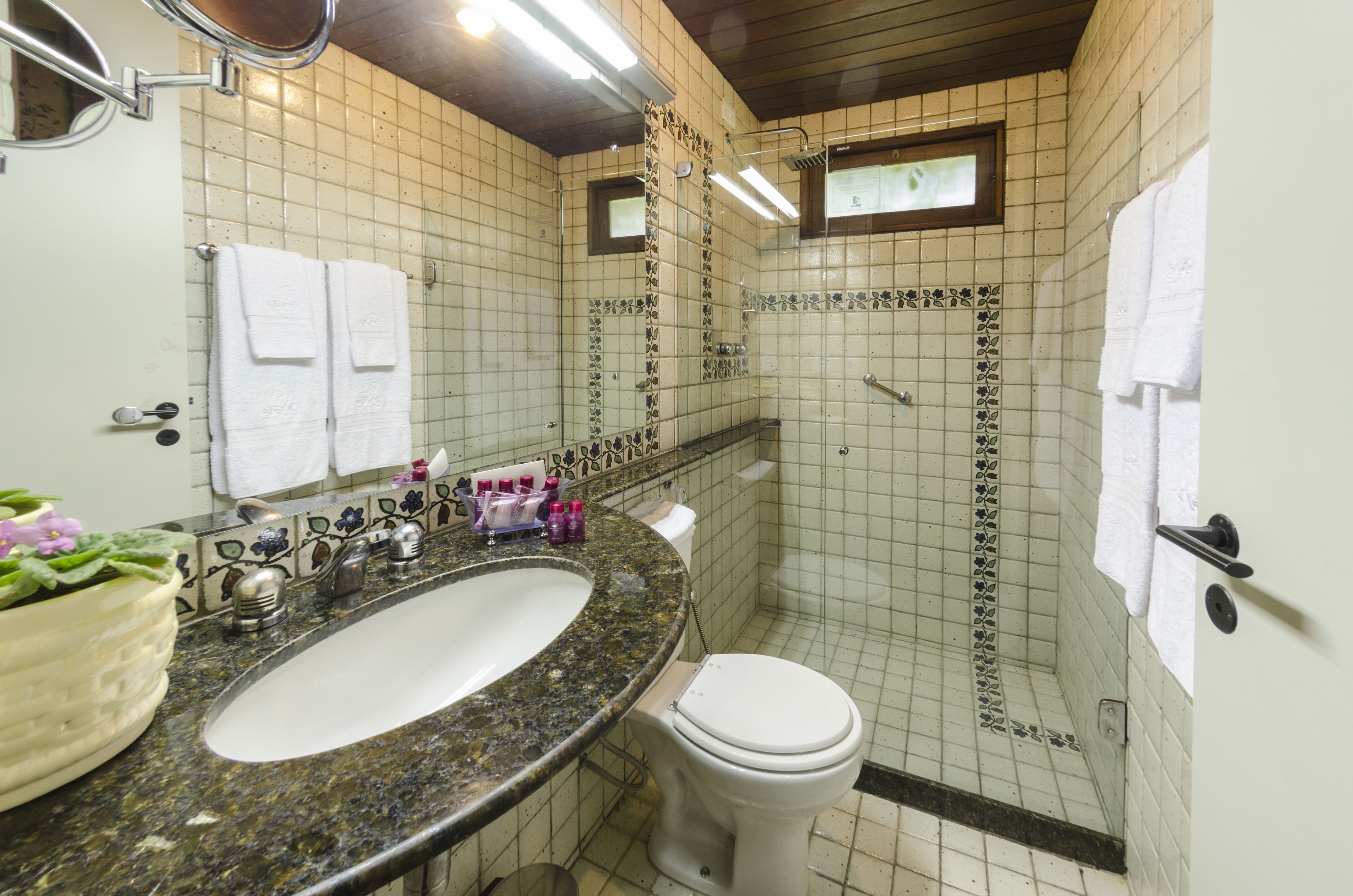 Un baño con lavamanos, inodoro y ducha.
