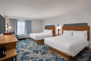 A hotel room with two beds, a desk, a chair, and a large window with curtains. - Hampton Inn & Suites by Hilton San Diego SeaWorld Near Old Town (San Diego)