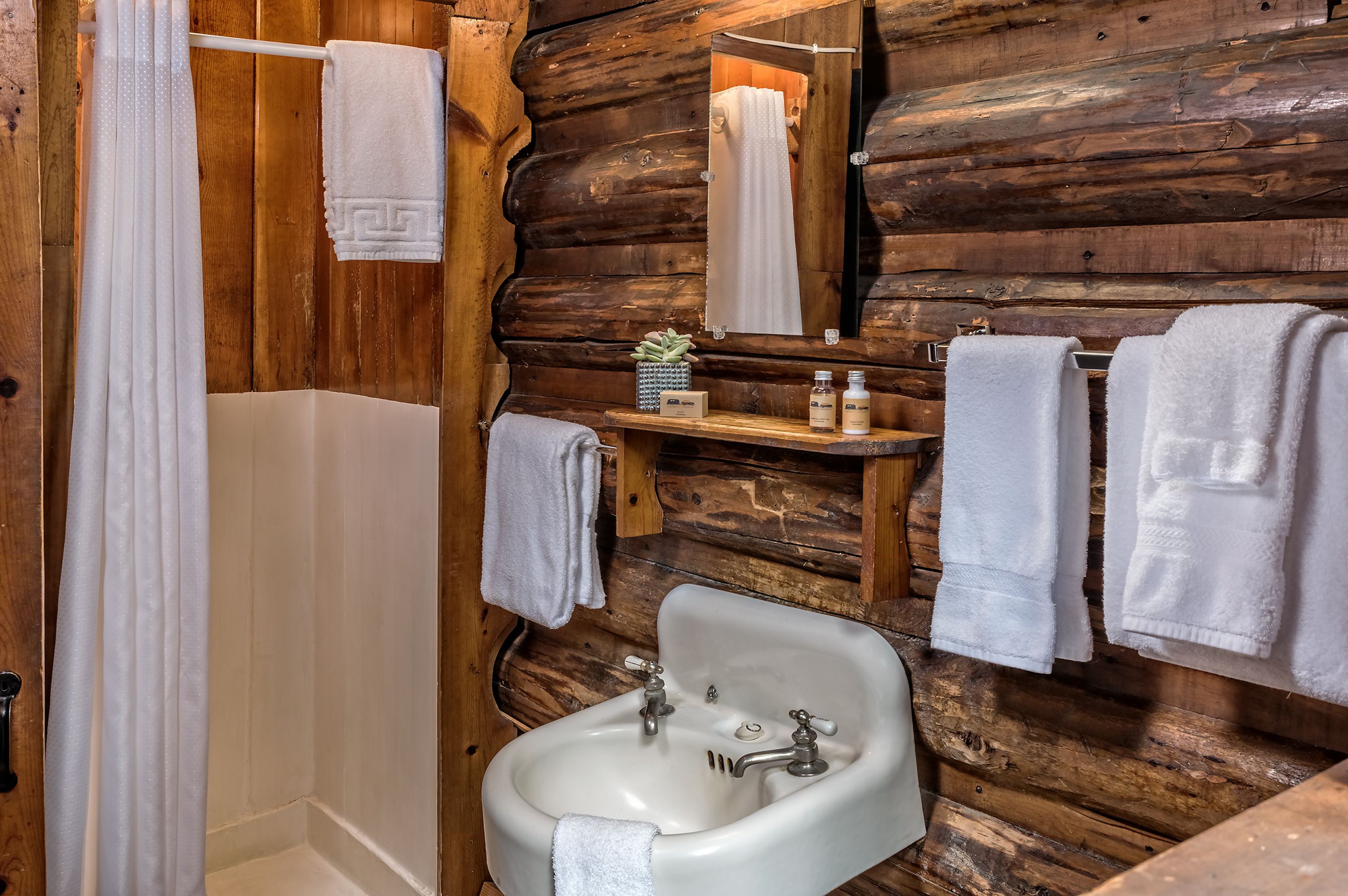odell lake historic cabin-queen log bed | bathroom | shower, designer toiletries, hair dryer, towels