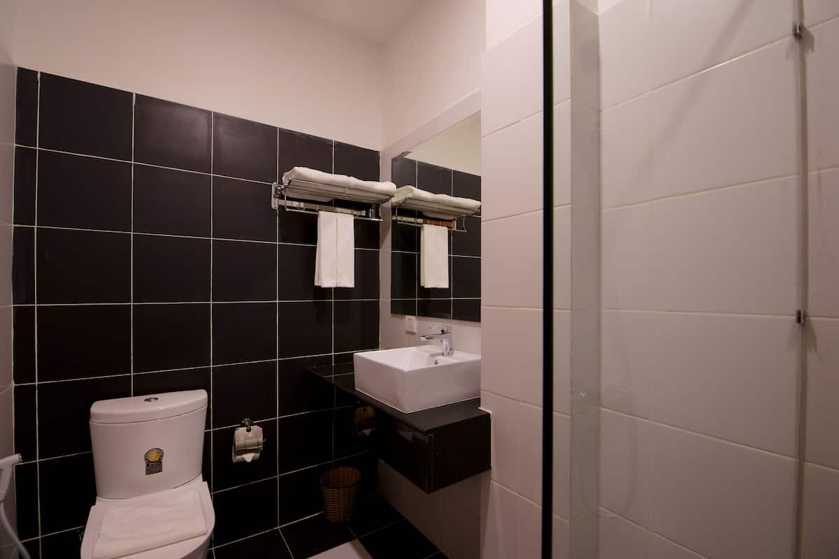 Duş, derin küvet, geniş duş başlığı, ücretsiz banyo/kozmetik ürünleri