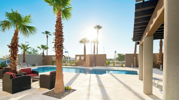 Un espace piscine avec des chaises longues et des palmiers.