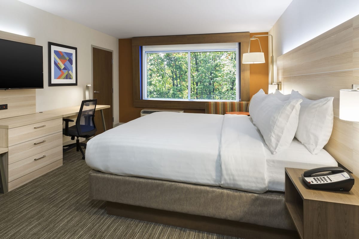 Quarto de hotel com cama, escrivaninha, cadeira, televisão e janela com vista para árvores.