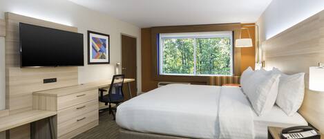 Une chambre d’hôtel équipée d’un lit, d’un bureau, d’une chaise, d’une télévision et d’une fenêtre donnant sur des arbres.