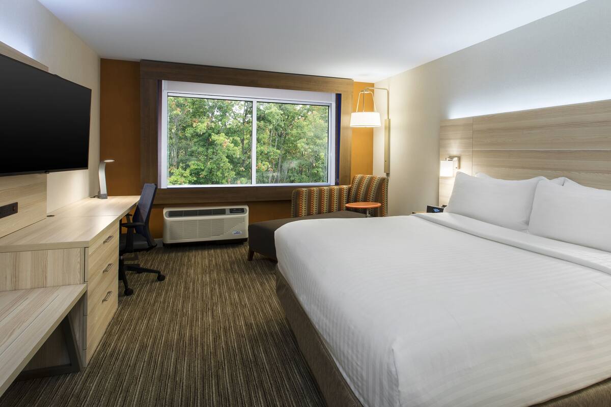 Quarto de hotel com uma cama grande, uma escrivaninha com televisão de tela plana, uma cadeira, uma mesinha e uma janela com vista para árvores.