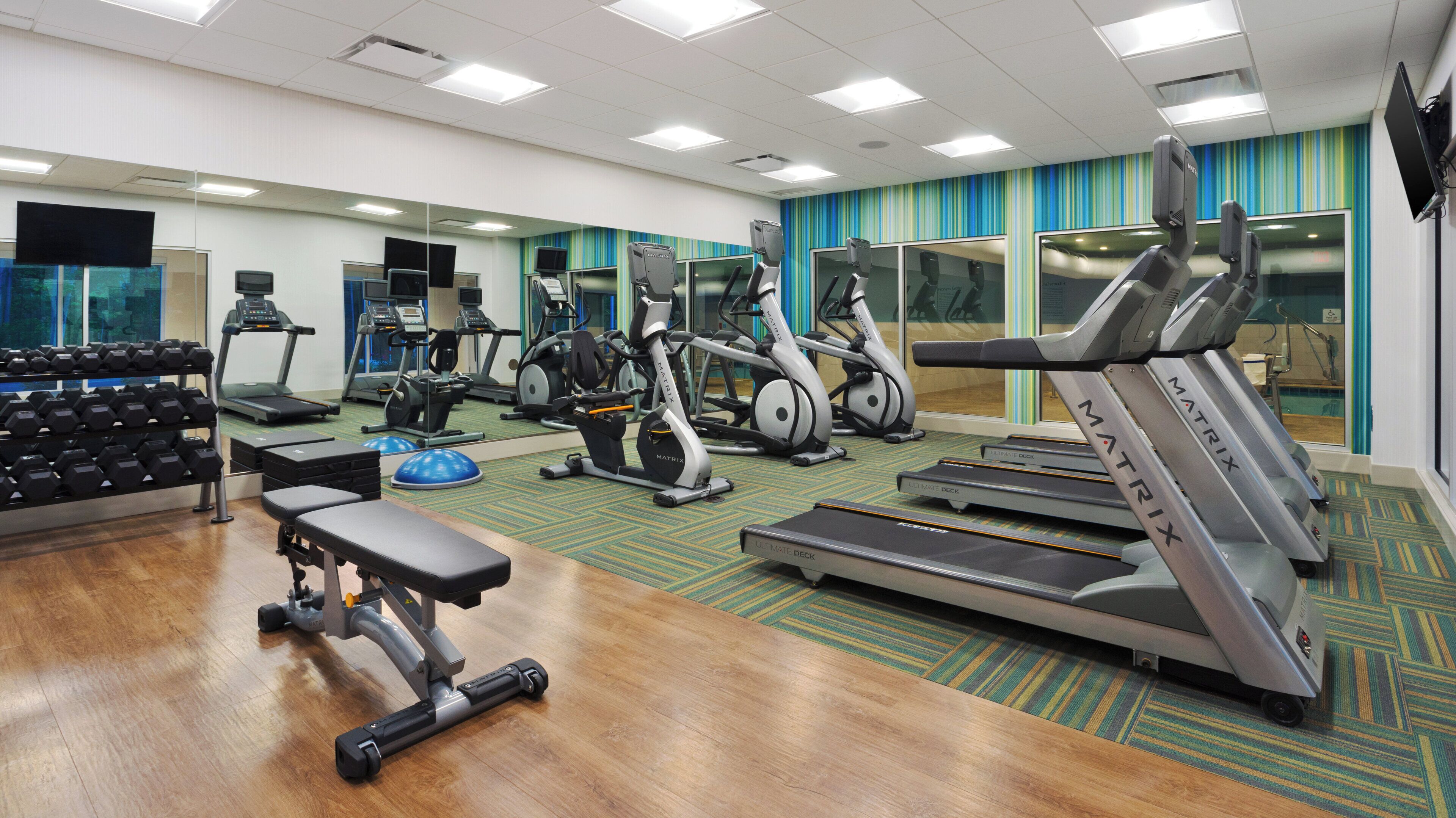 A gym with treadmills, elliptical machines, and free weights.