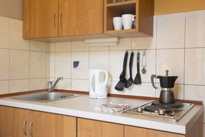 Apartment, 1 Schlafzimmer, Kochnische | Eigene Kochnische | Kühlschrank, Herdplatte, Wasserkocher mit Kaffee-/Teezubehör