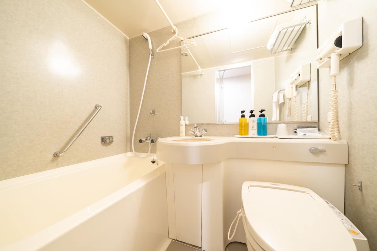 combined shower/bathtub, free toiletries, hair dryer, slippers