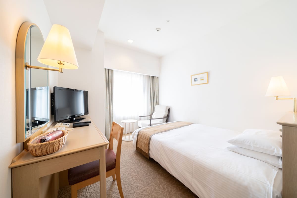 A hotel room with a bed, desk, chair, television, and a window with curtains.