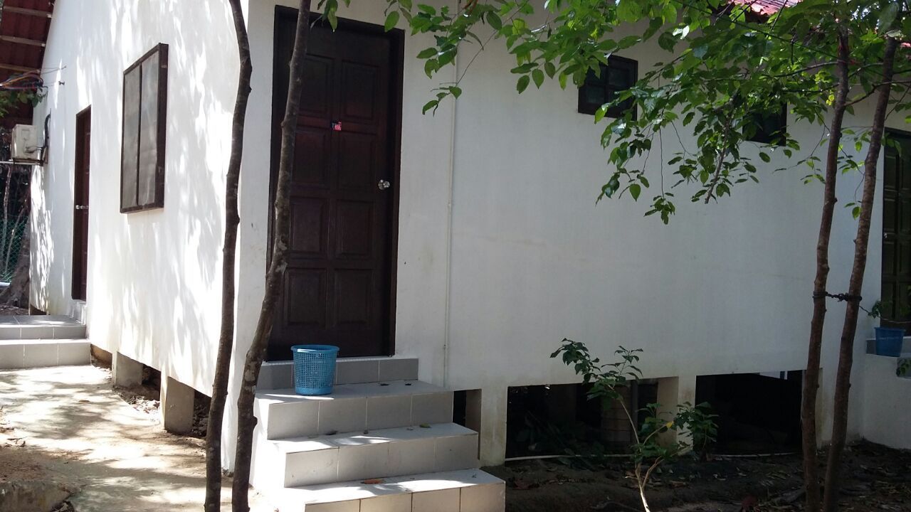 A white building with a dark brown door and windows, surrounded by trees and a small garden area.