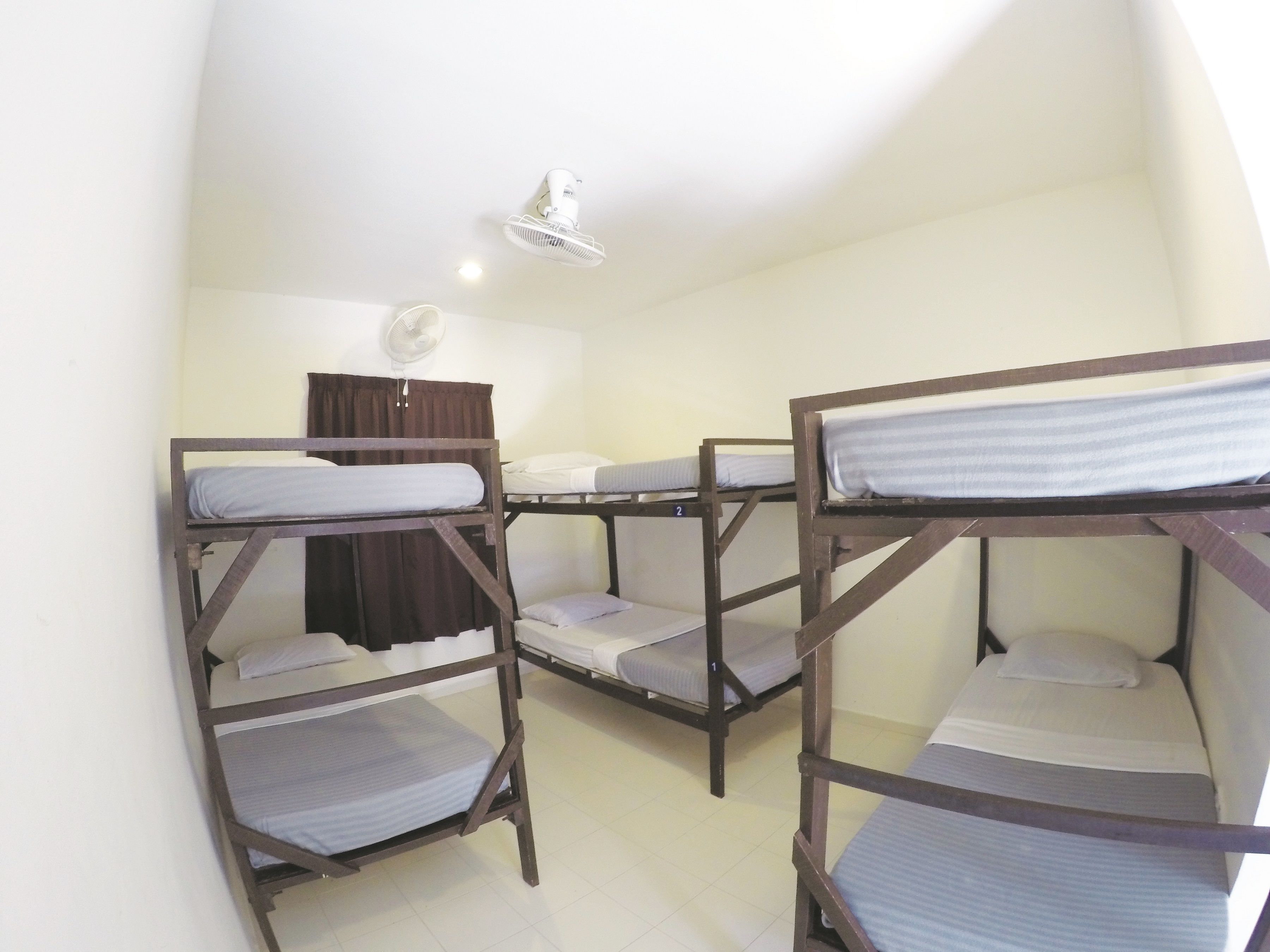 A dormitory room with bunk beds, a ceiling fan, and a window with curtains.