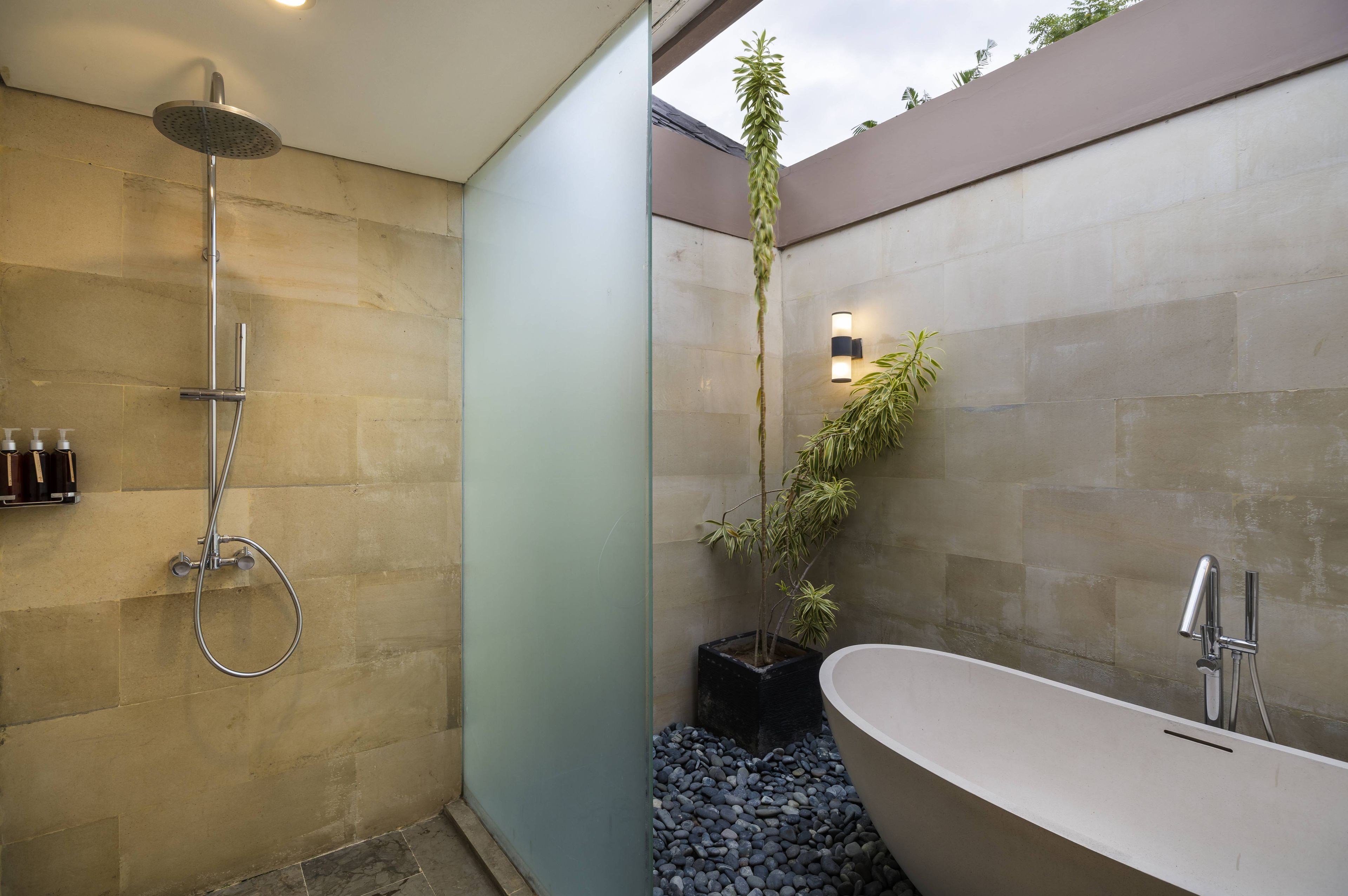 A modern bathroom with a freestanding bathtub, a glass-enclosed shower, and a potted plant.