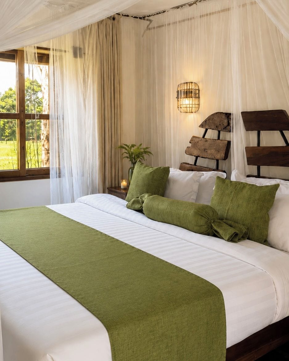 A bed with a green bedspread, white linens, and a wooden headboard.