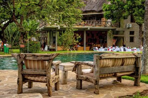 Outdoor pool, pool umbrellas, pool loungers