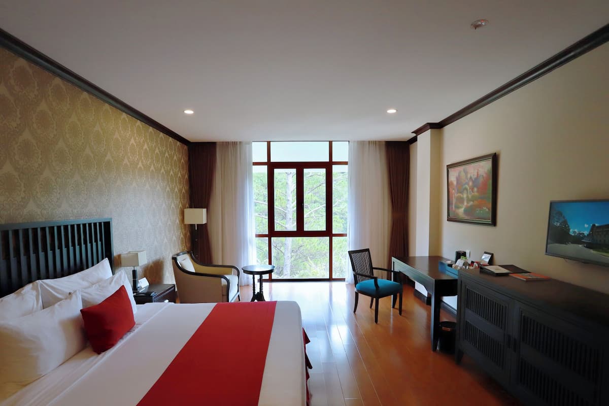 A hotel room with a large bed, a desk, a chair, a TV, and a window with a view of trees.