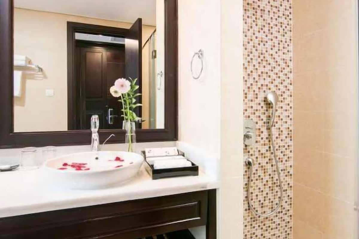 Combined shower/bathtub, deep-soaking bathtub, free toiletries