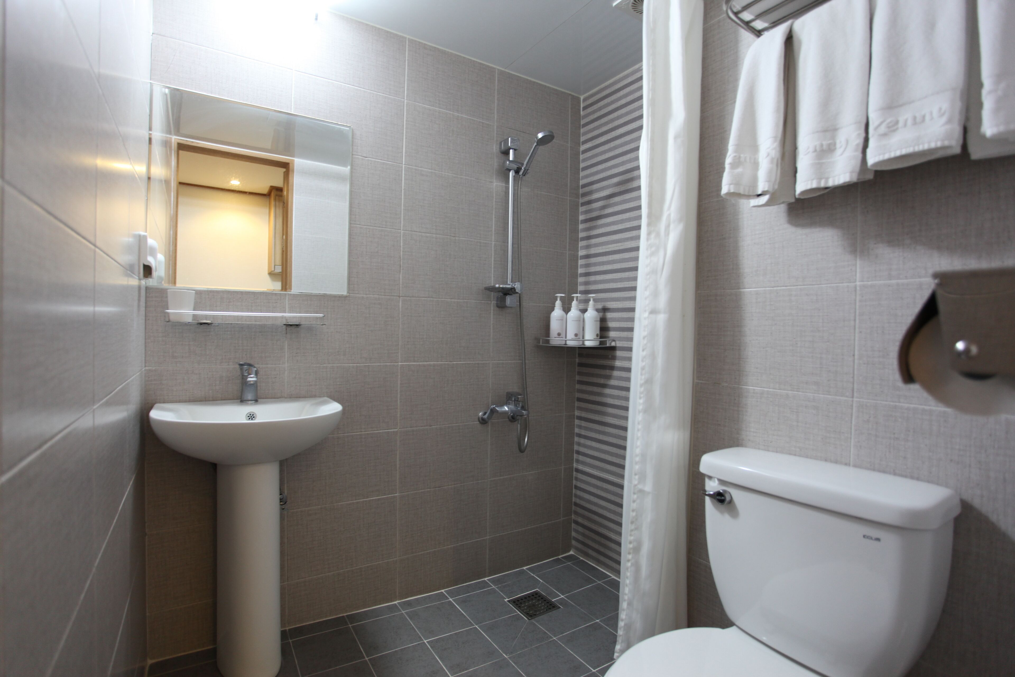 Een moderne badkamer met een wastafel op voetstuk, een douche en een toilet.
