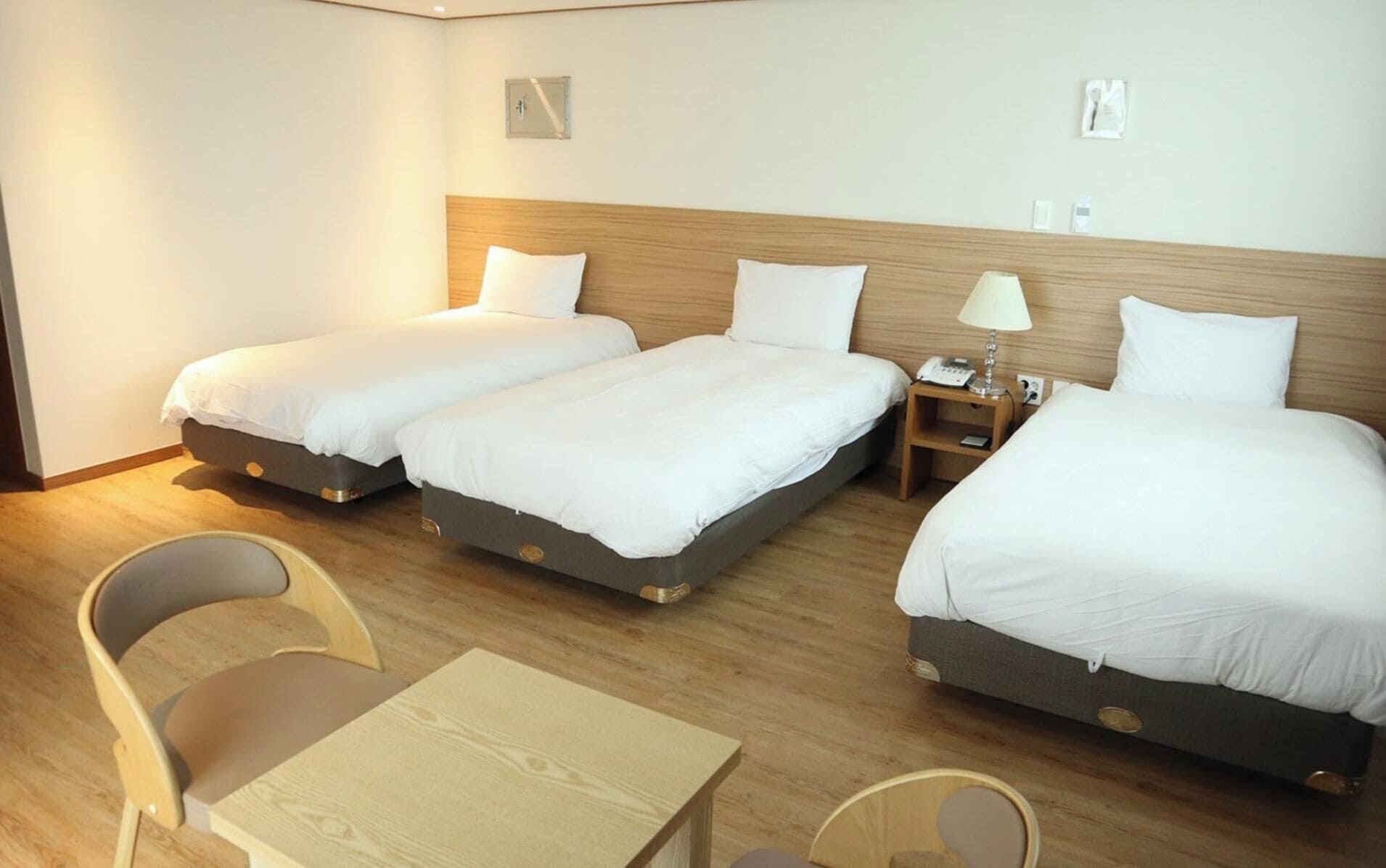 Une chambre d’hôtel avec deux lits simples, une petite table, deux chaises, une table de chevet avec une lampe et une prise de courant.