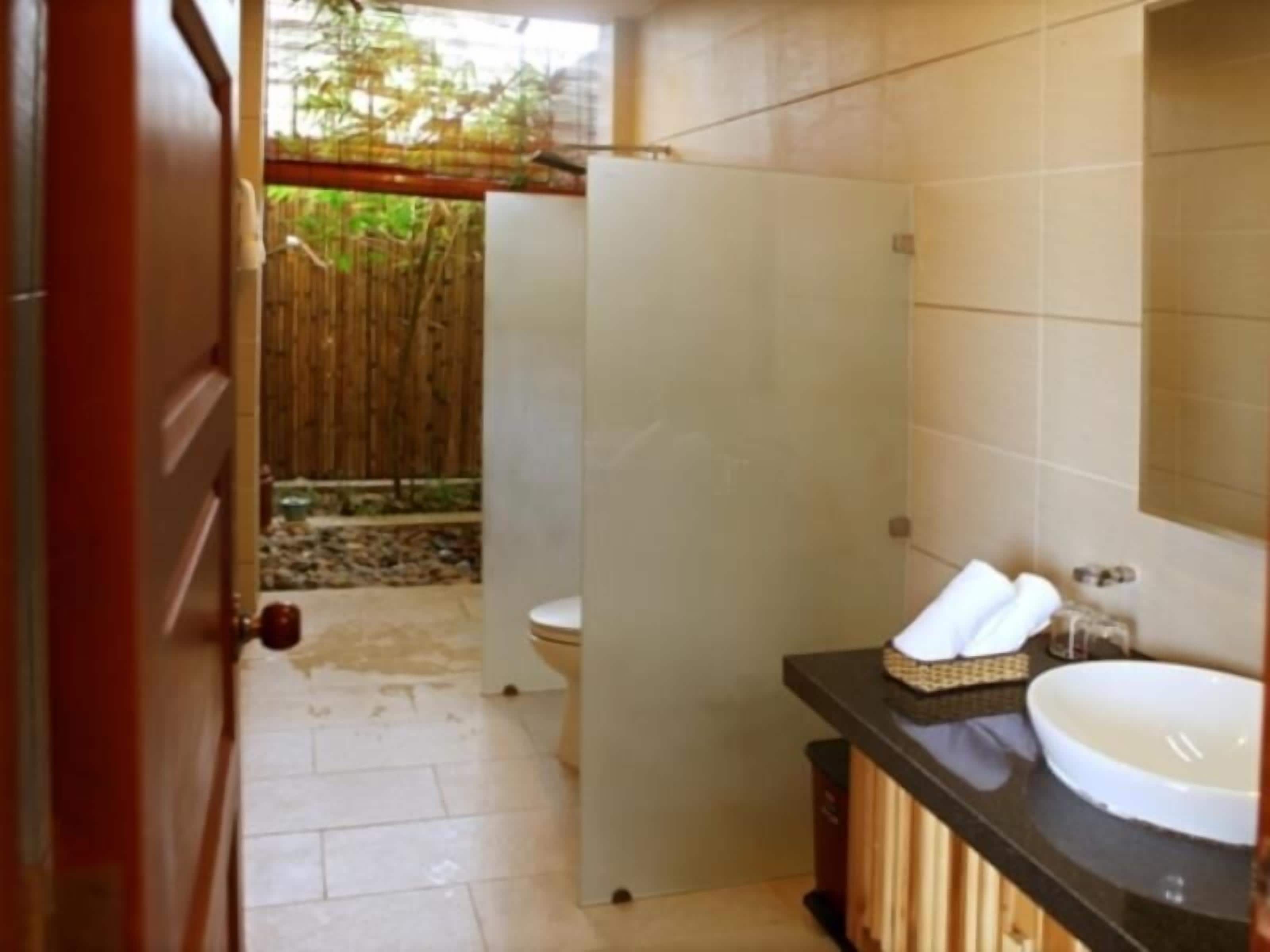 A bathroom with a white toilet, a sink with a black countertop, and a bamboo fence visible through the door.