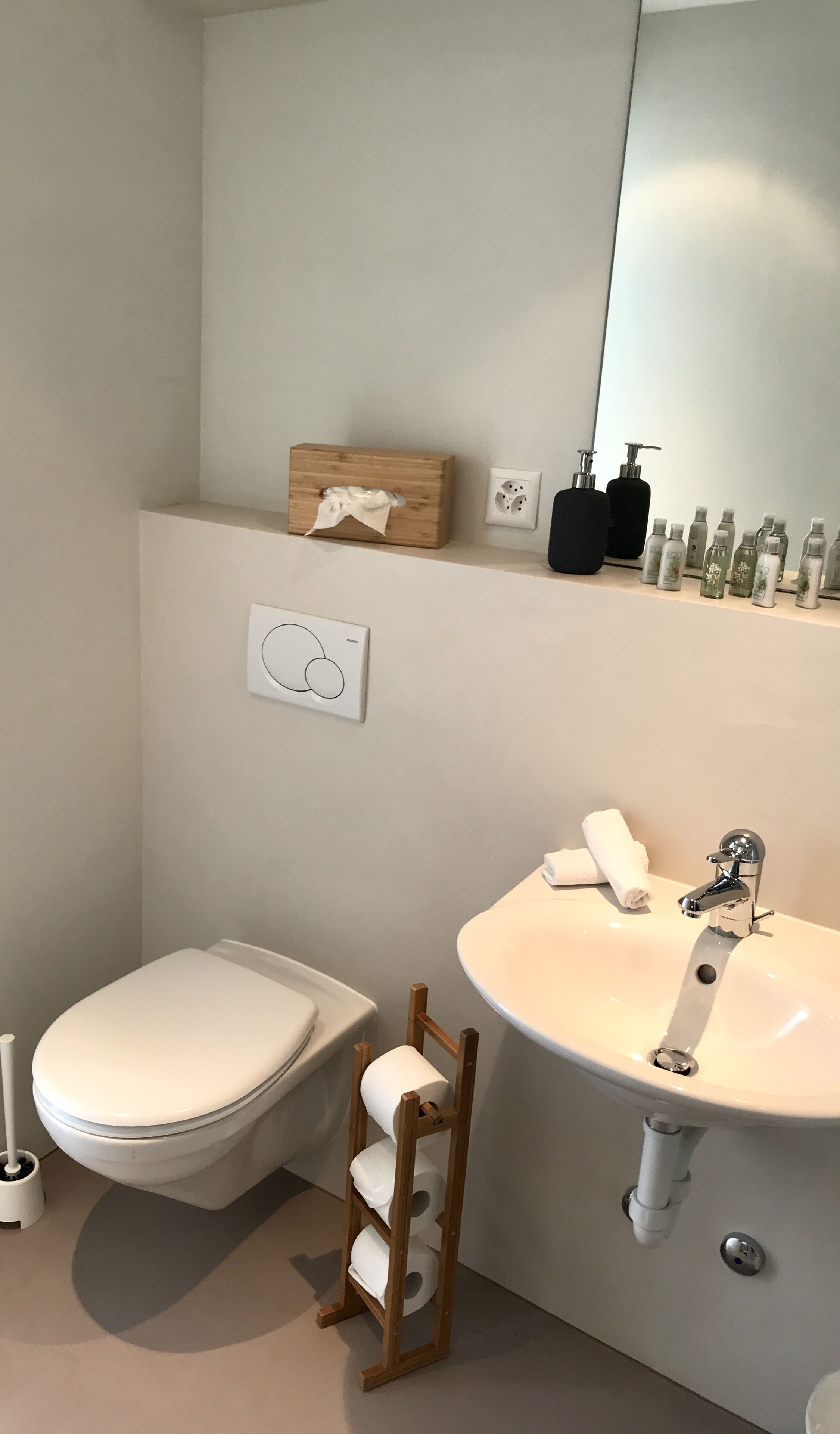 Une salle de bain moderne équipée de toilettes, d’un porte-mouchoirs en bois, d’un lavabo avec un robinet et d’un miroir au-dessus du lavabo.