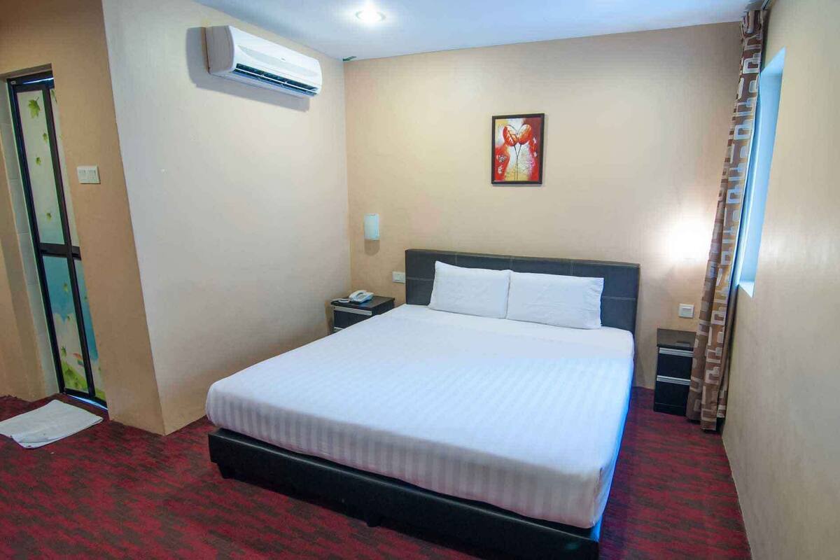 A hotel room with a bed, a nightstand, a phone, an air conditioner, and a painting on the wall.