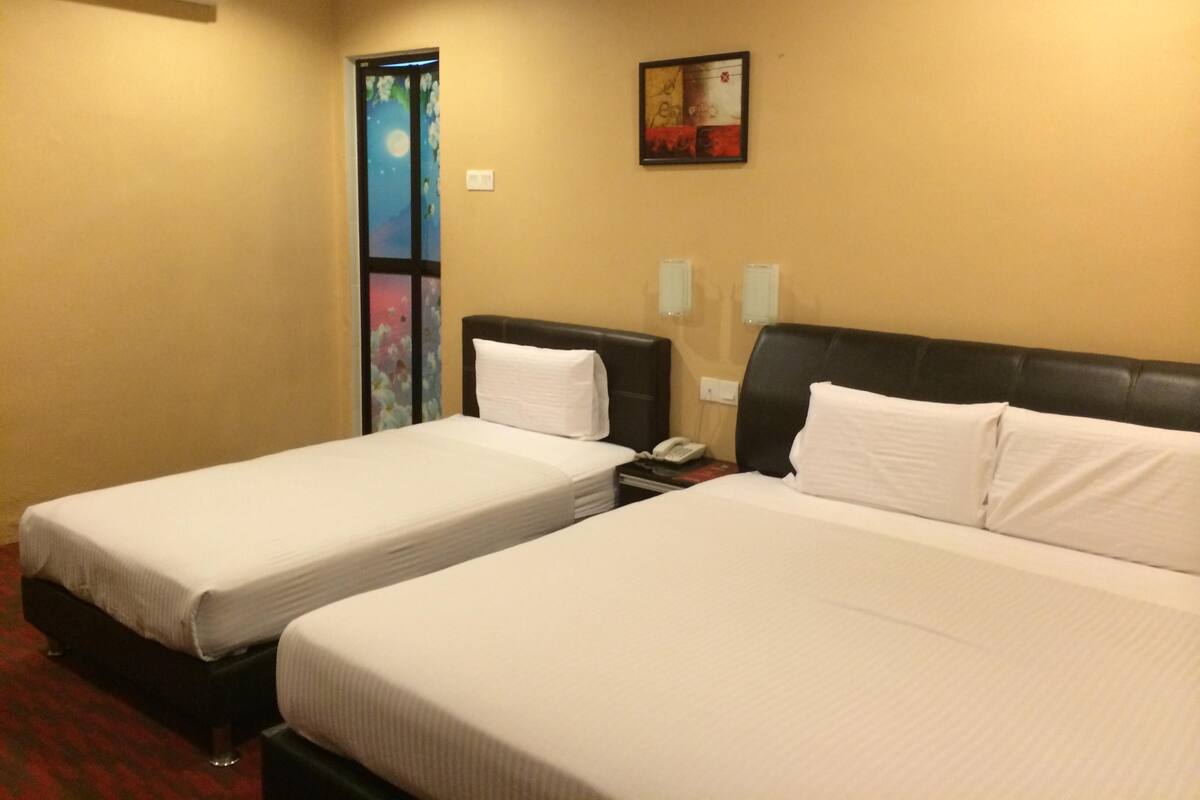 A hotel room with two beds, a nightstand with a phone, an air conditioner, and a painting on the wall.