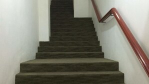 A staircase with a handrail, carpeted steps, and a wall-mounted picture frame. - Grandview Hotel (Raub)