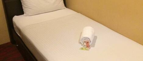 A single bed with a white mattress and pillow, a dark headboard, and a rolled towel on the bed.