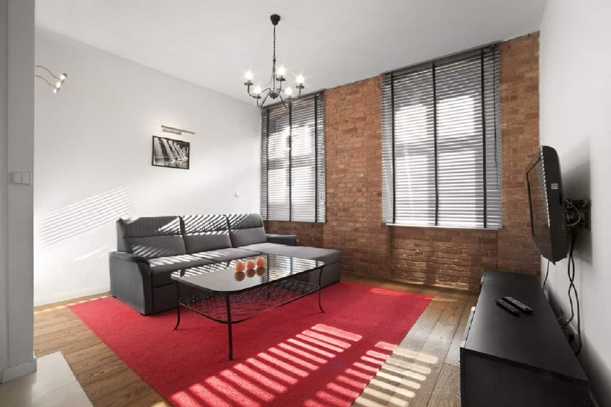 Un salon moderne avec un canapé gris, une table basse en verre, un tapis rouge et un téléviseur posé sur un meuble noir.