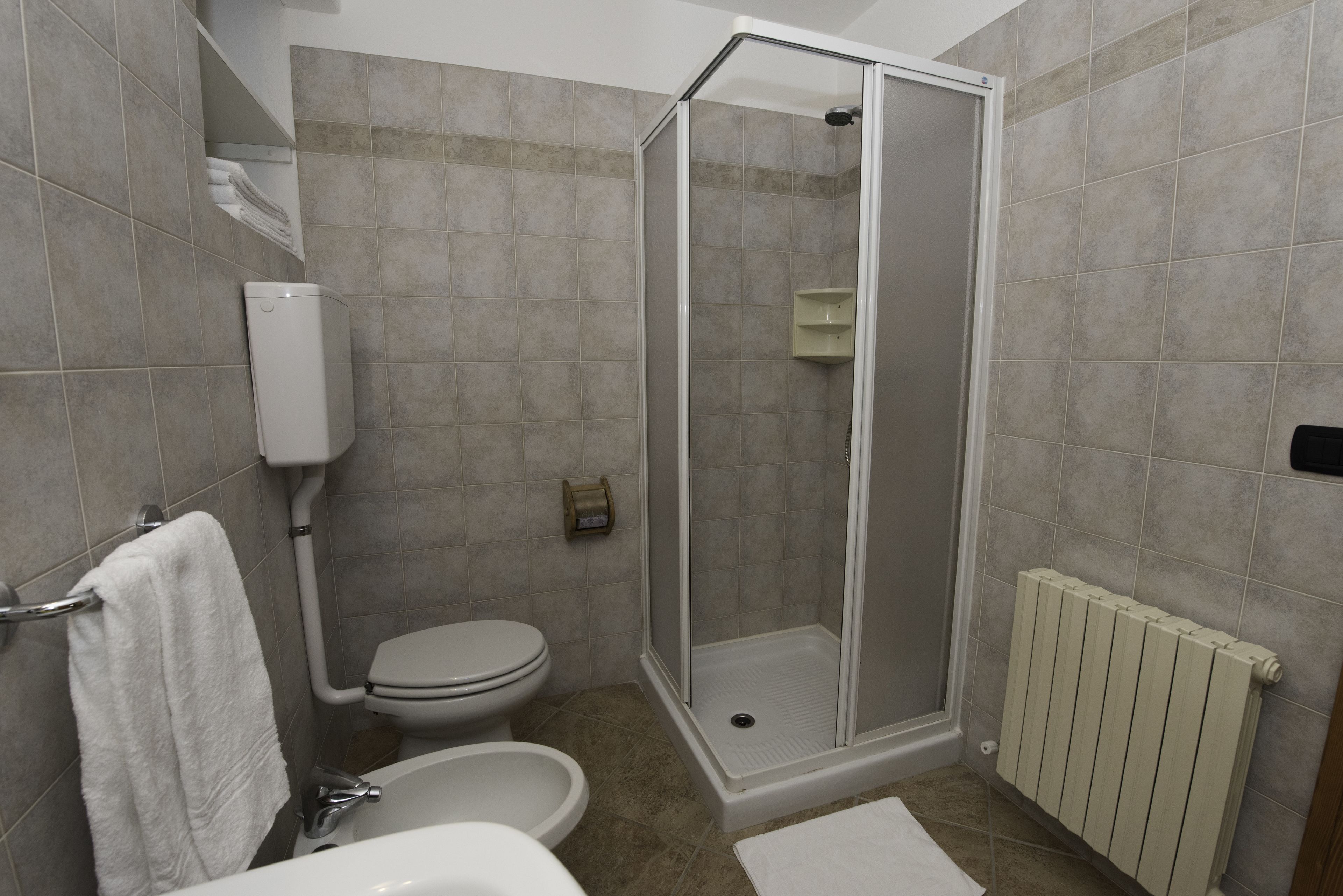 A bathroom with a toilet, bidet, and shower stall.