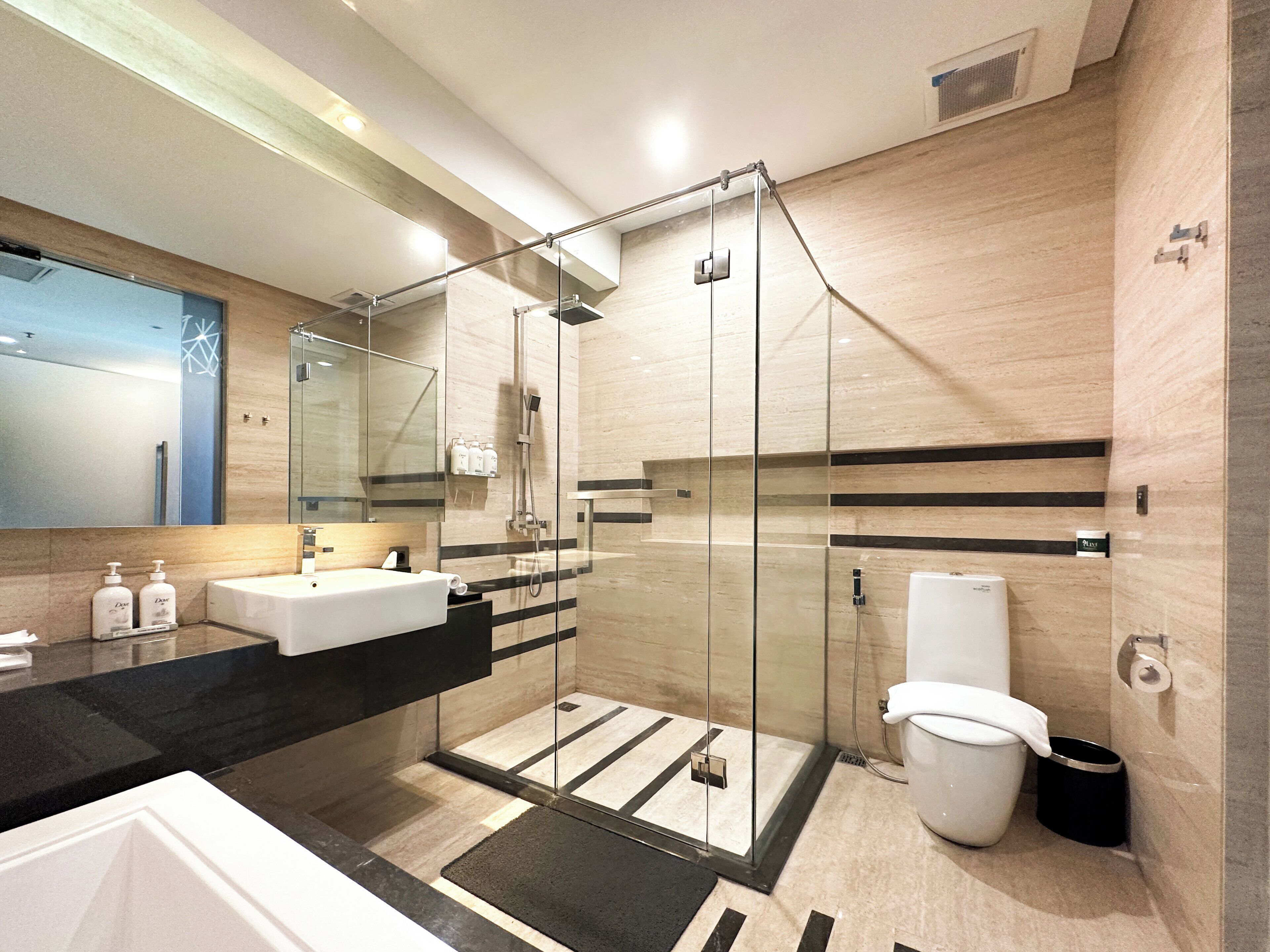 A modern bathroom with a glass-enclosed shower, a white sink, and a toilet.