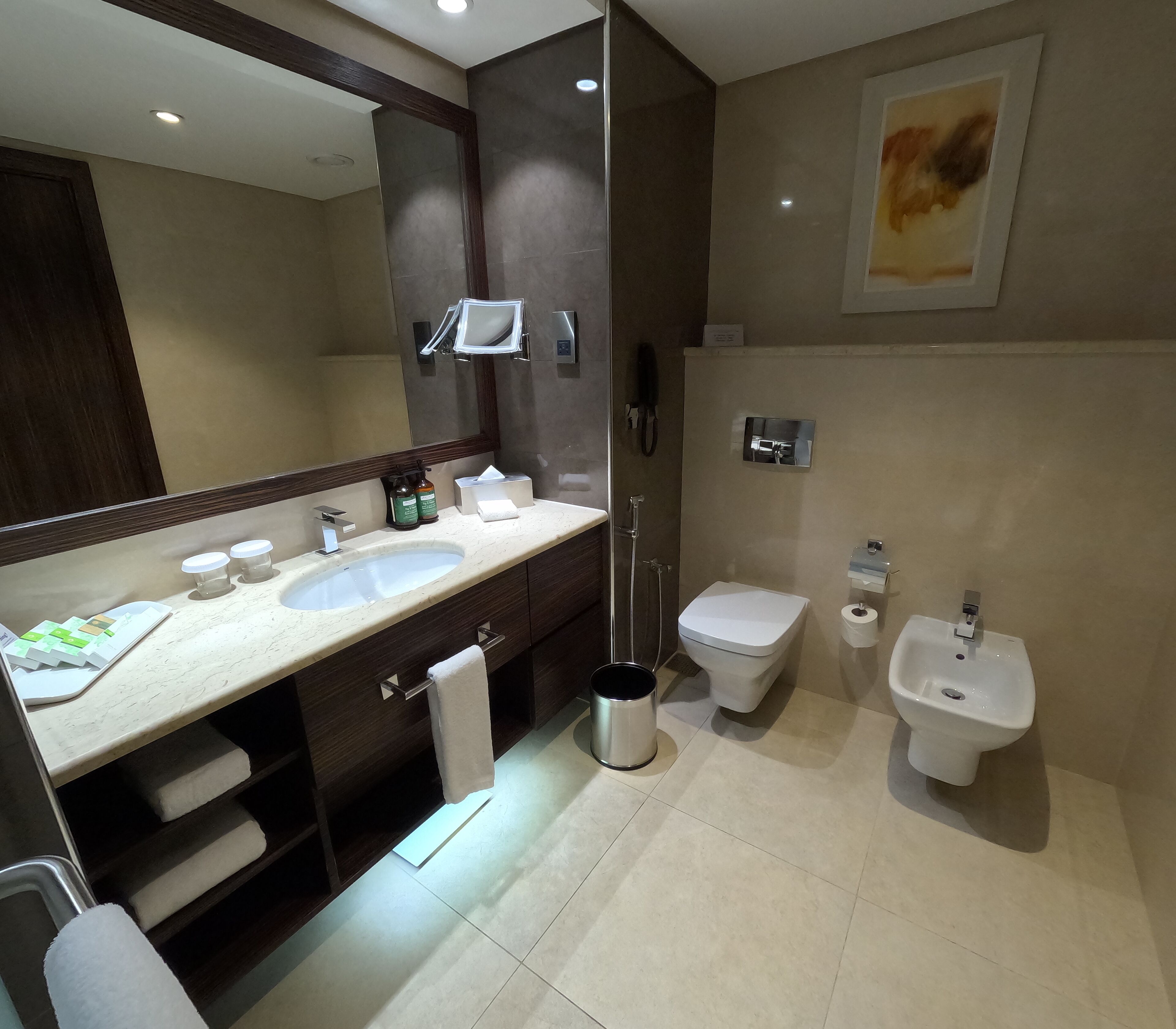 A modern bathroom with a large mirror, two sinks, a toilet, and a bidet.