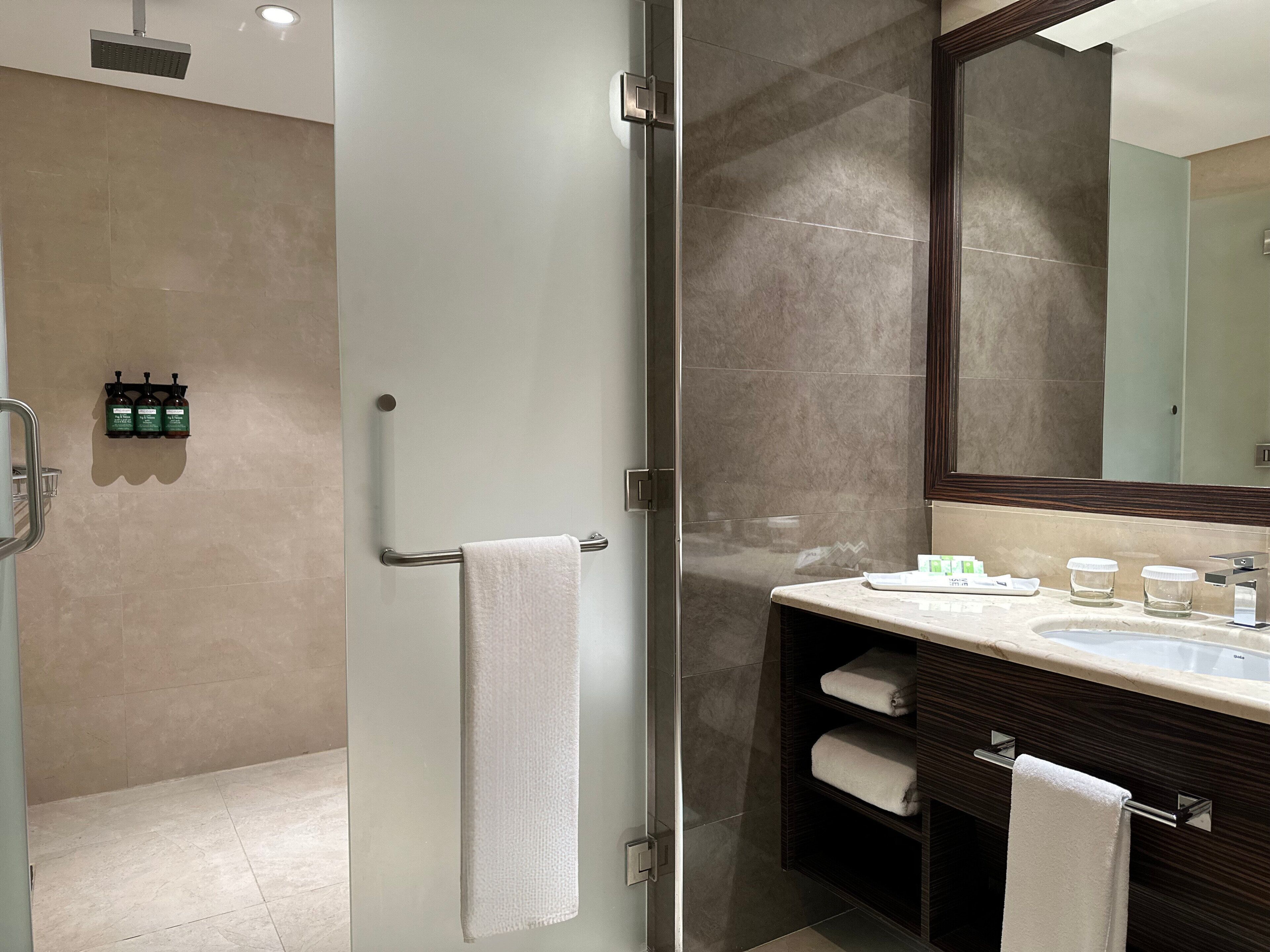 A modern bathroom with a glass shower enclosure, a vanity with a large mirror, and a towel rack.