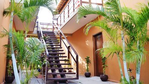 A staircase surrounded by potted plants in a building with orange walls. - Pousada Só Alegria (São Miguel do Gostoso)