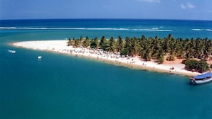 An aerial view of a tropical beach with a boat docked on the right, surrounded by palm trees and a clear blue sky. - Perolas Do Mar Pousada (Maceio)