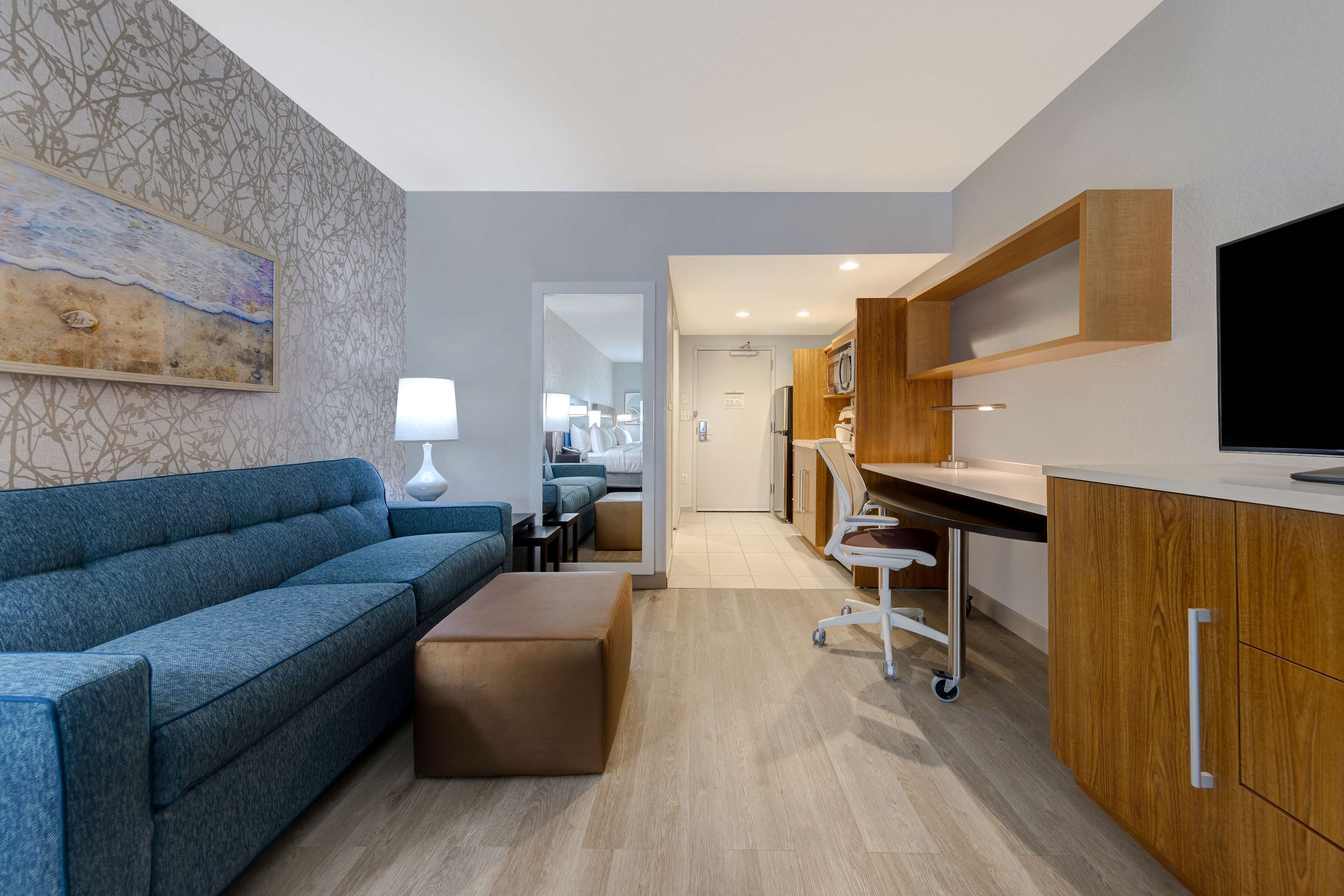 premium bedding, desk, laptop workspace, blackout curtains