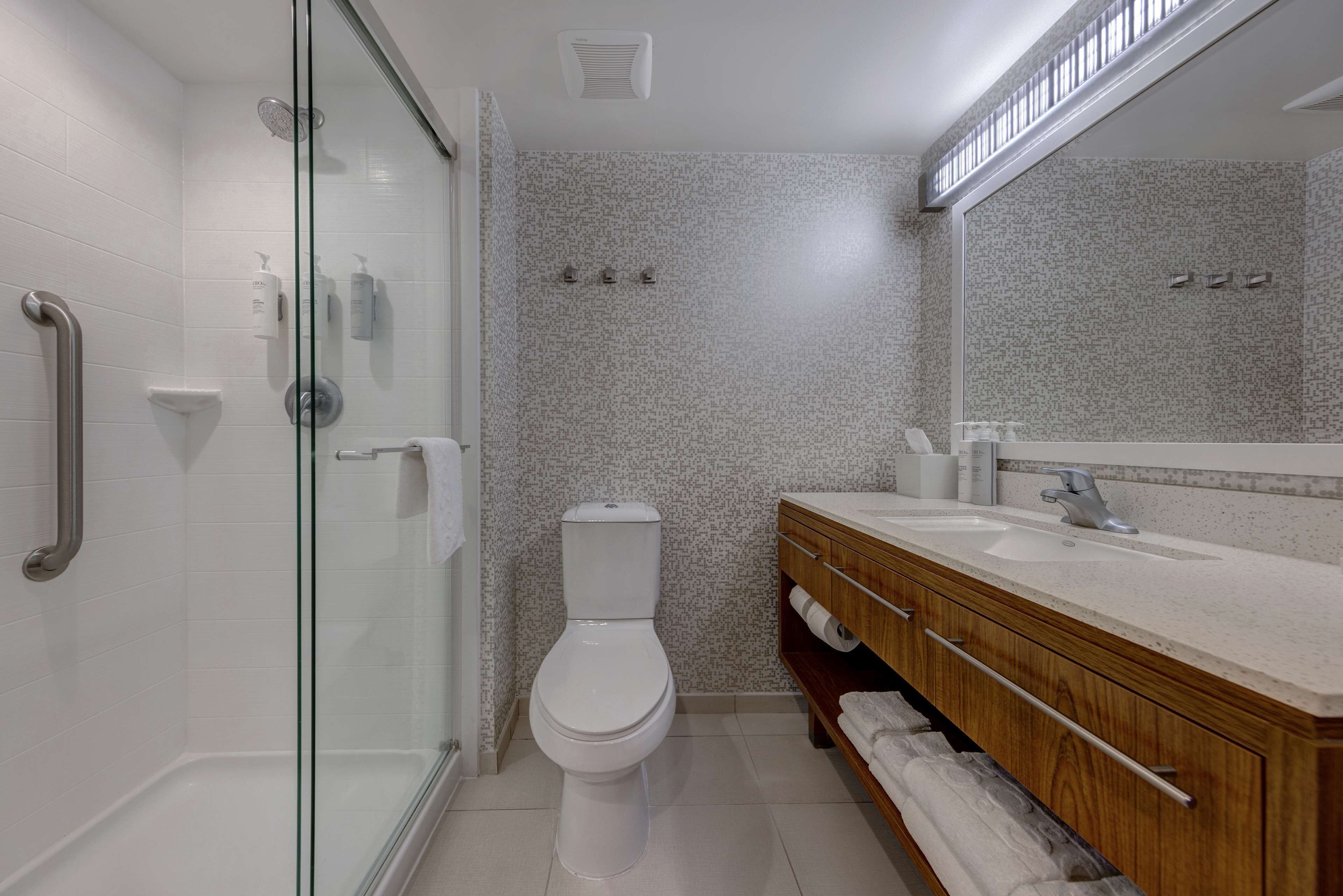 A modern bathroom with a glass shower enclosure, a white toilet, and a wooden vanity with a sink.