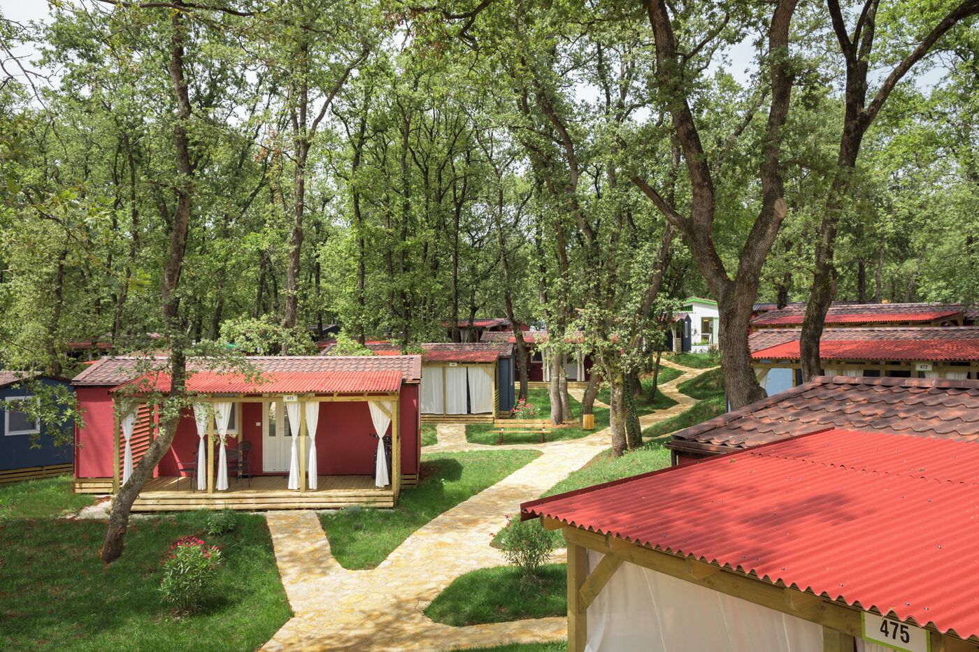 Una hilera de cabañas con techos rojos, rodeadas de árboles y un sendero cubierto de césped.