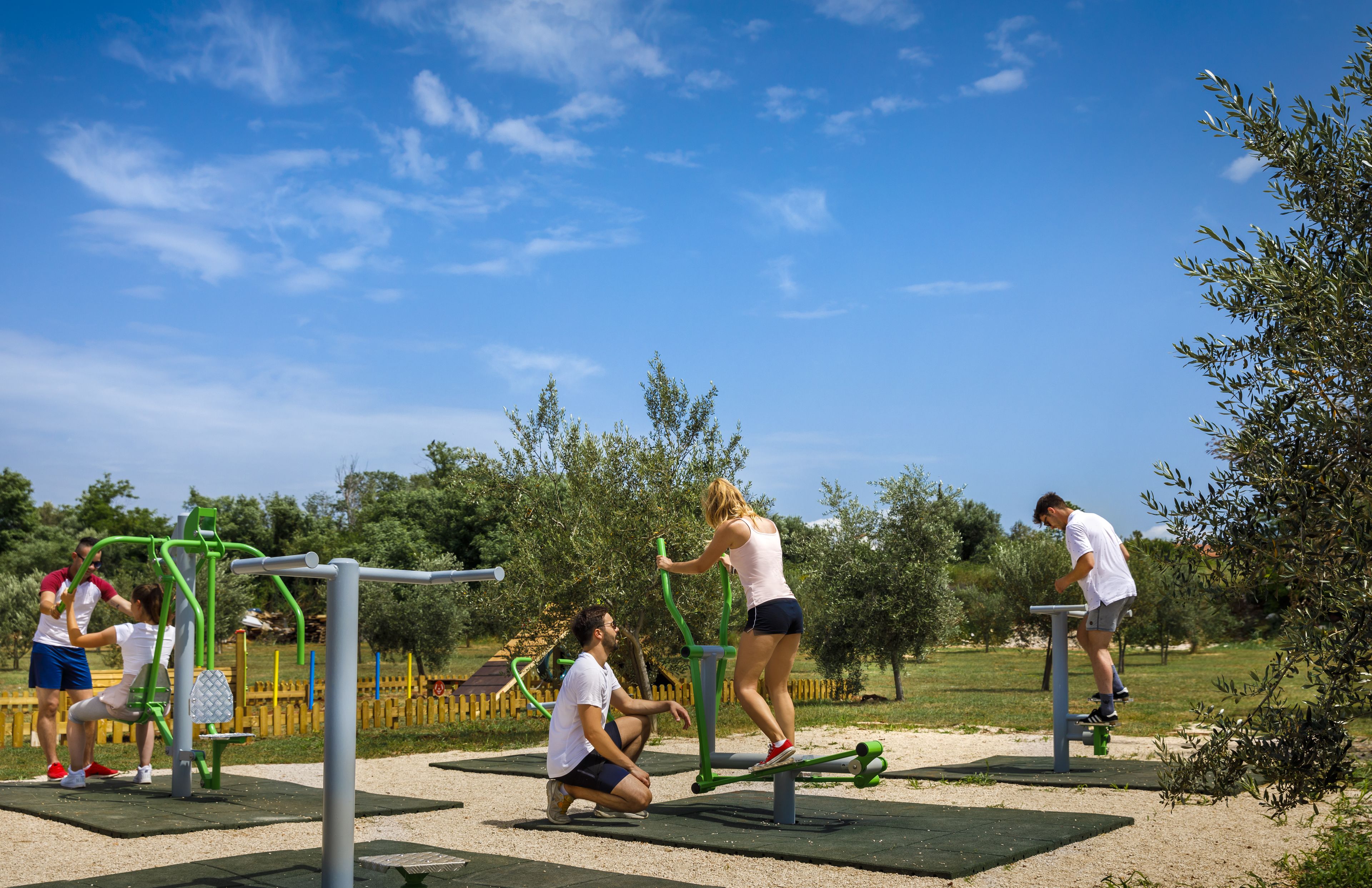 Un espace extérieur aménagé pour faire de l’exercice, équipé de matériel comme une planche d’équilibre et un appareil pour travailler les jambes.
