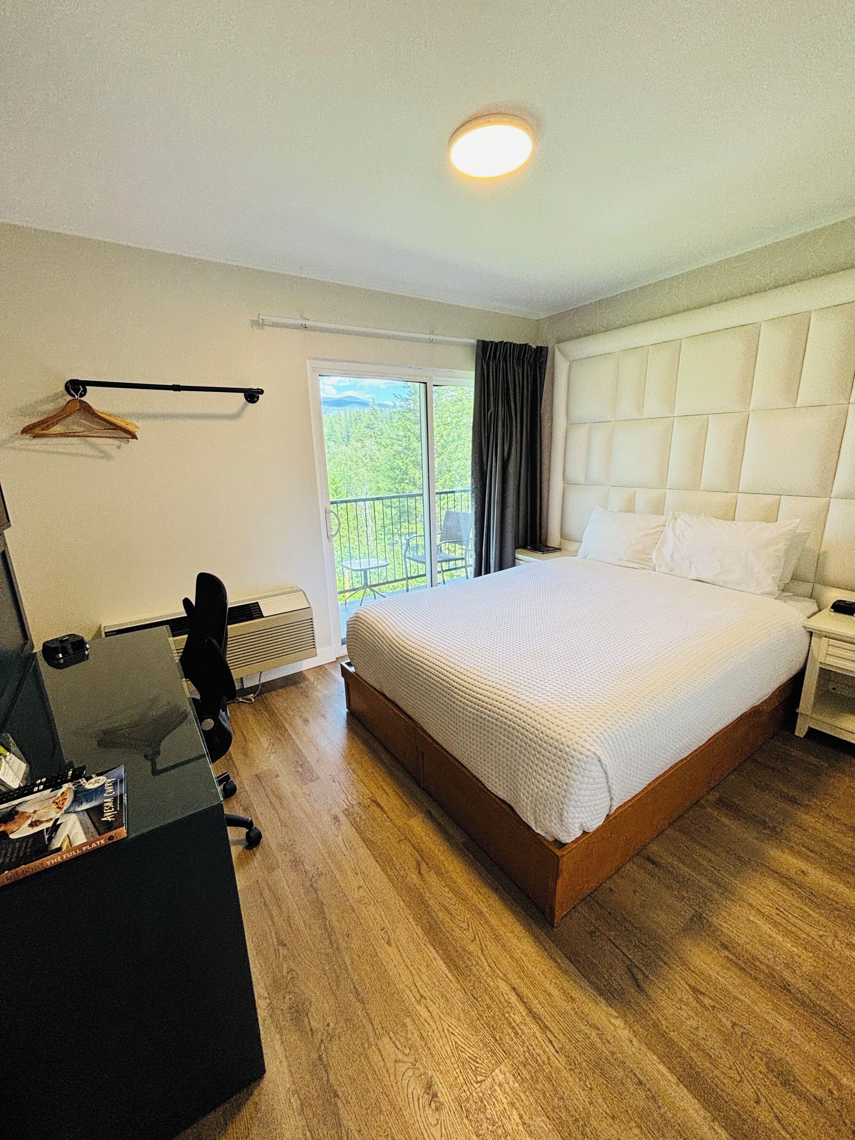A bedroom with a bed, a desk, a chair, a heater, and a view of greenery.
