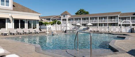 Indoor pool, seasonal outdoor pool, pool umbrellas, sun loungers