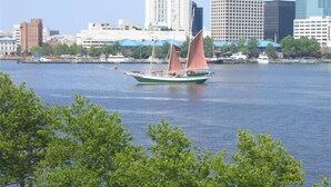 A river with a sailboat, surrounded by city buildings and greenery.