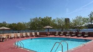 A rooftop pool with lounge chairs and umbrellas, surrounded by trees and buildings.