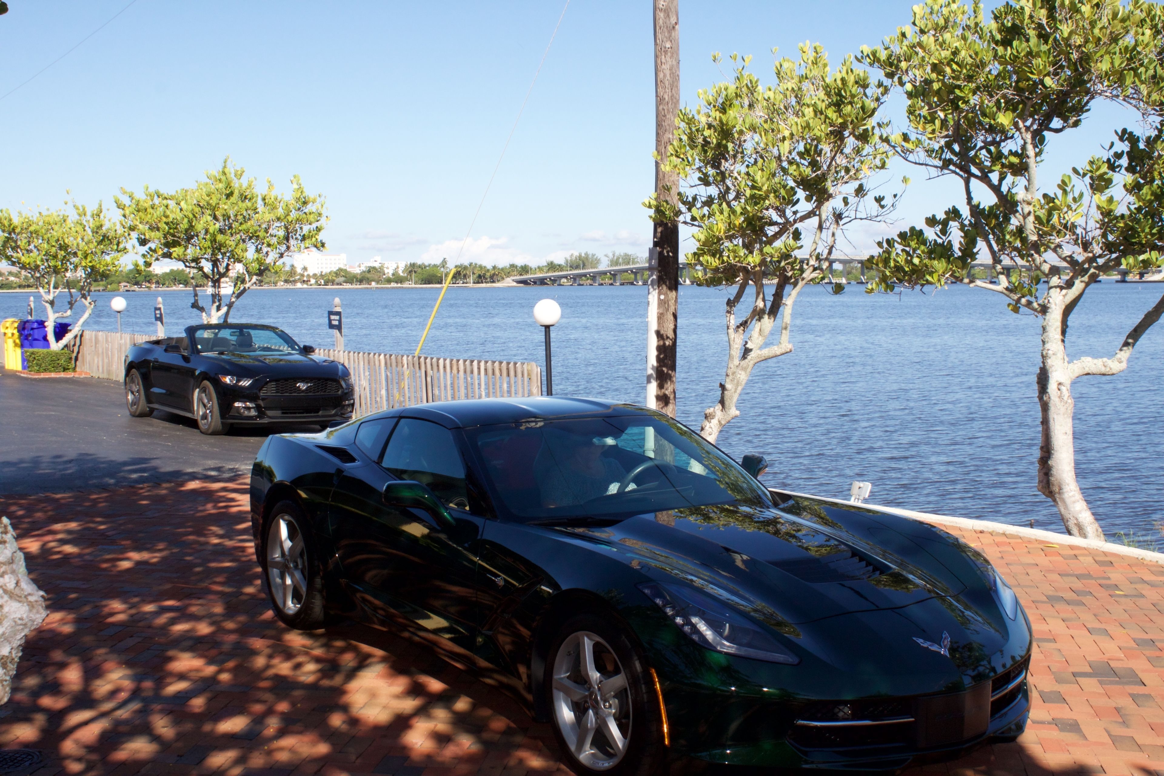 A green convertible parked by a waterfront with a wooden fence and trees.