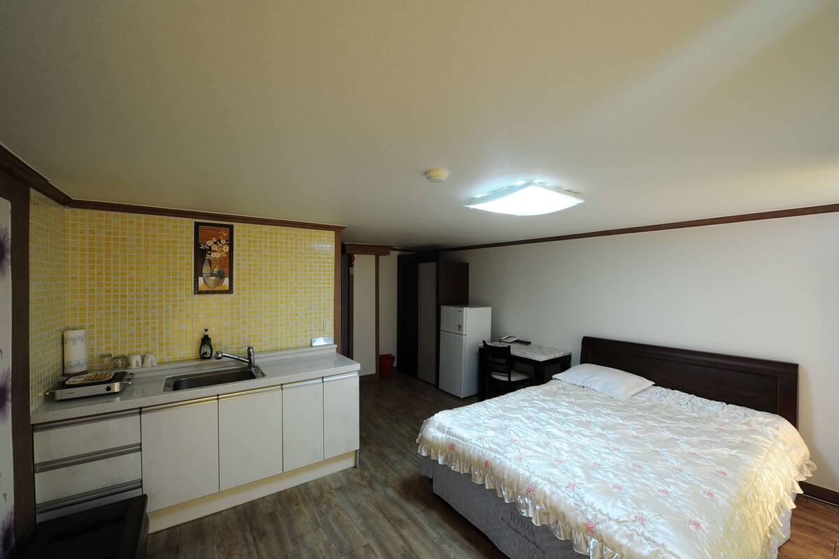 Ein Zimmer mit einem Bett, einem Schreibtisch, einer kleinen Küchenzeile und einer Deckenleuchte.