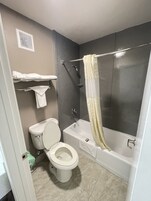 Bañera con ducha, secador de pelo, toallas