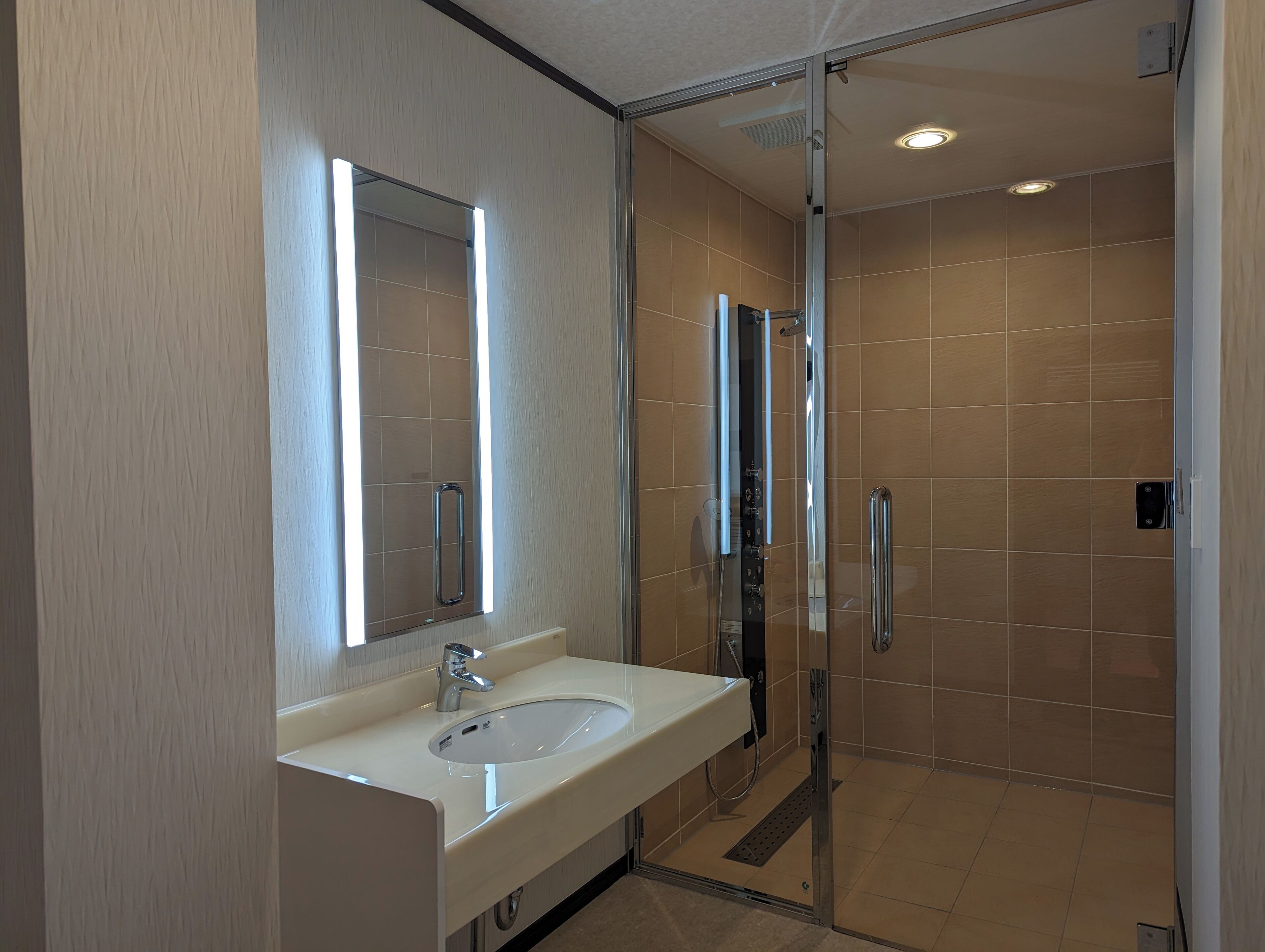 A modern bathroom with a glass shower enclosure, a sink with a mirror, and a toilet.
