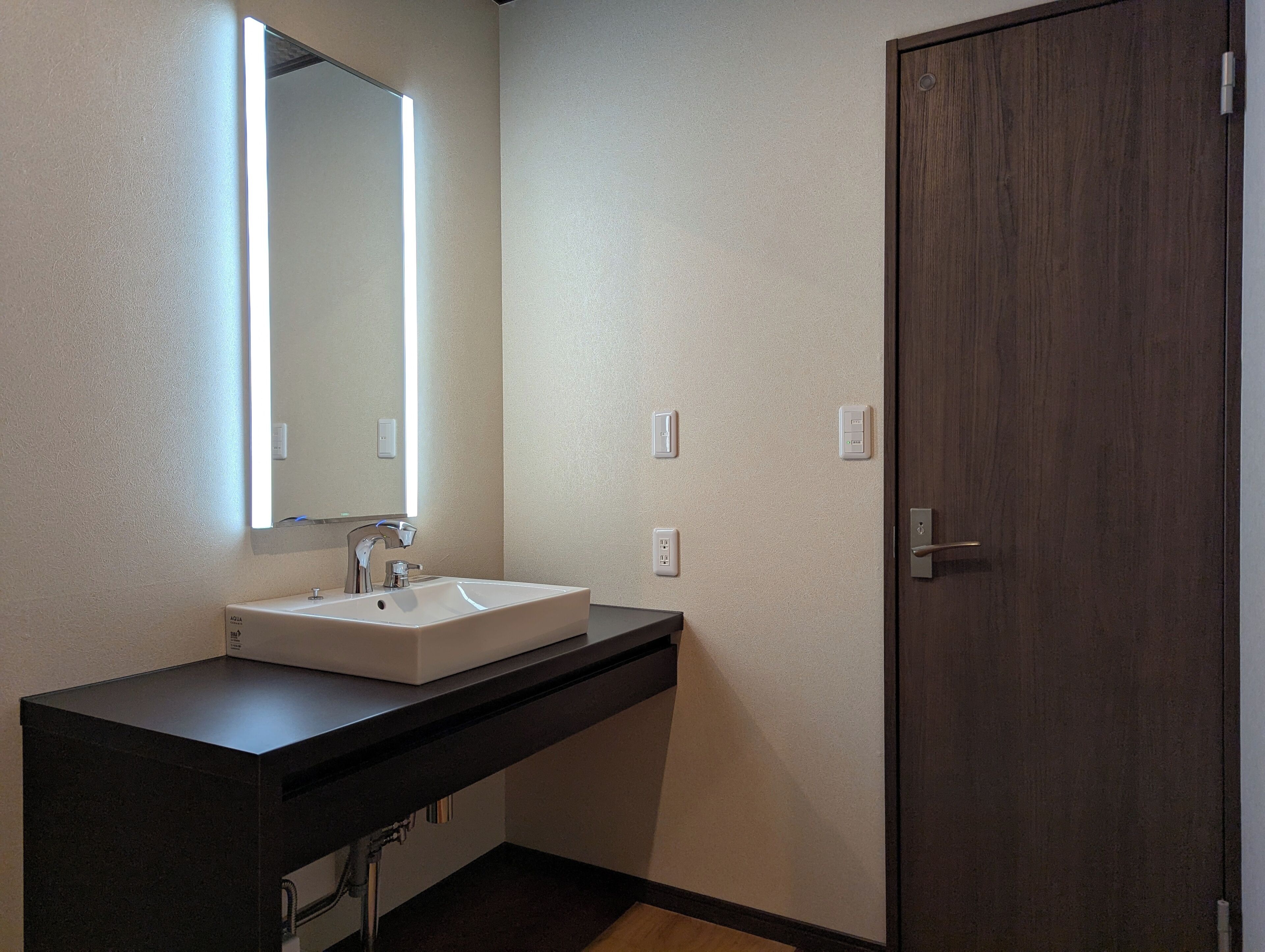 A bathroom with a white sink, a mirror, and a wooden door.