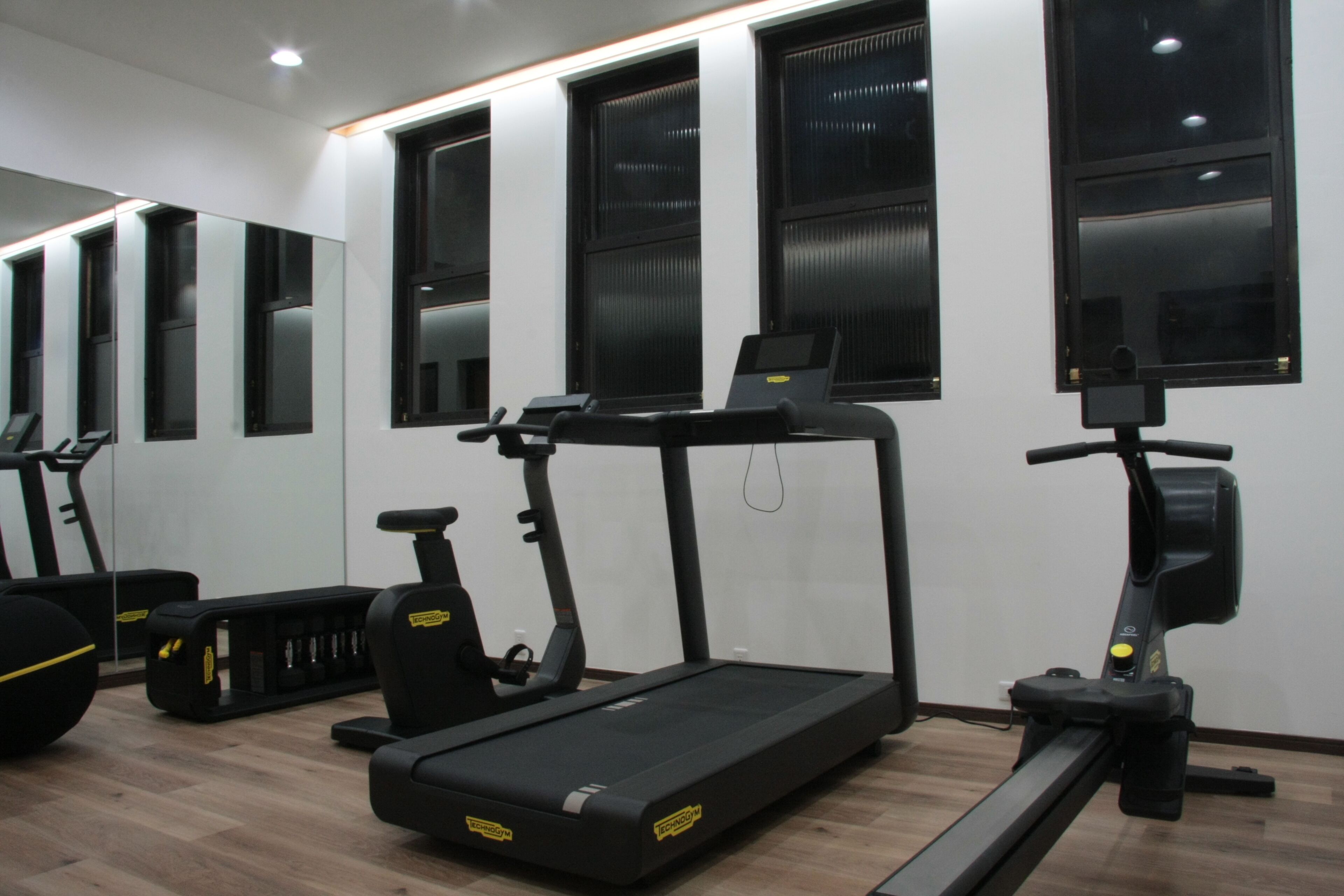 A gym with treadmills, exercise bikes, and weight benches.