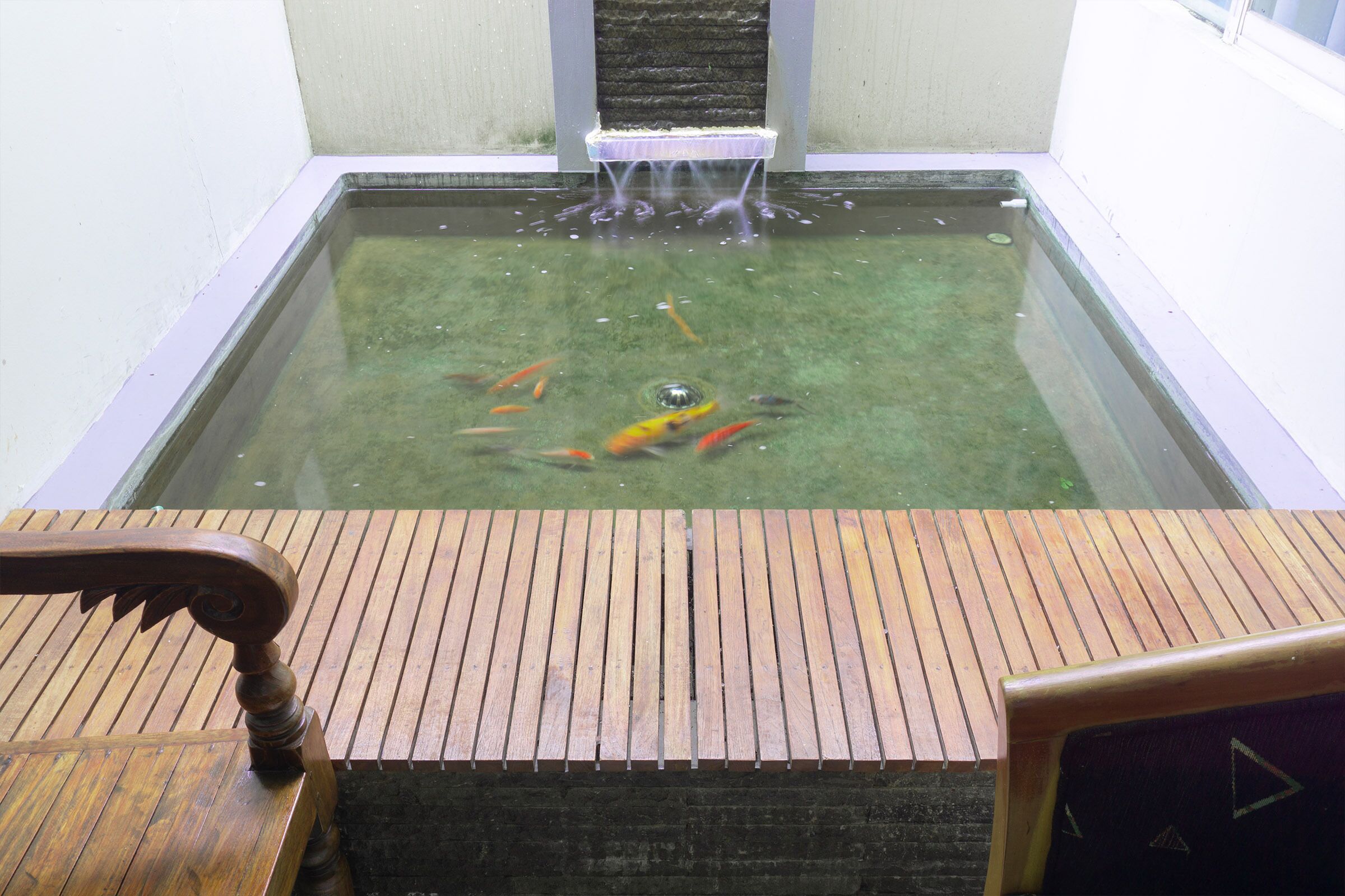 A rectangular water feature with a wooden bench and a stone wall.